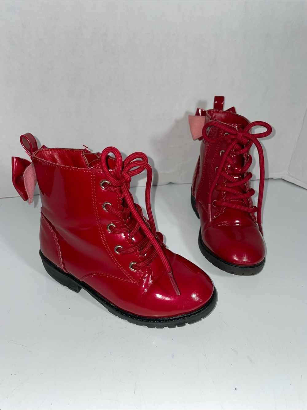 Sugar Red Patent Lace-Up Kids Boots with Bow Size 10